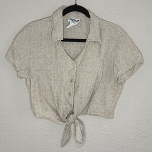 Vintage Deadstock Womens Large Flax Tie Front Blouse Parisian Old Money Beach